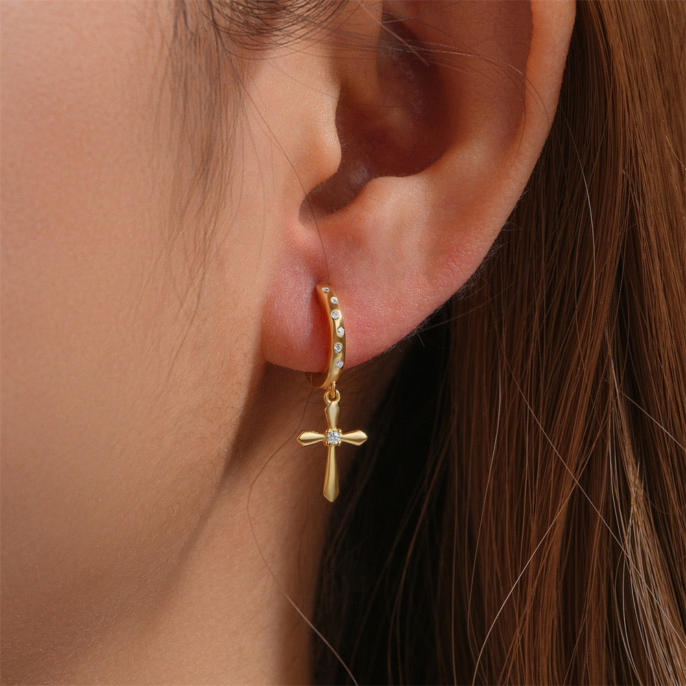 Sparkling Cross Charm Hoops
