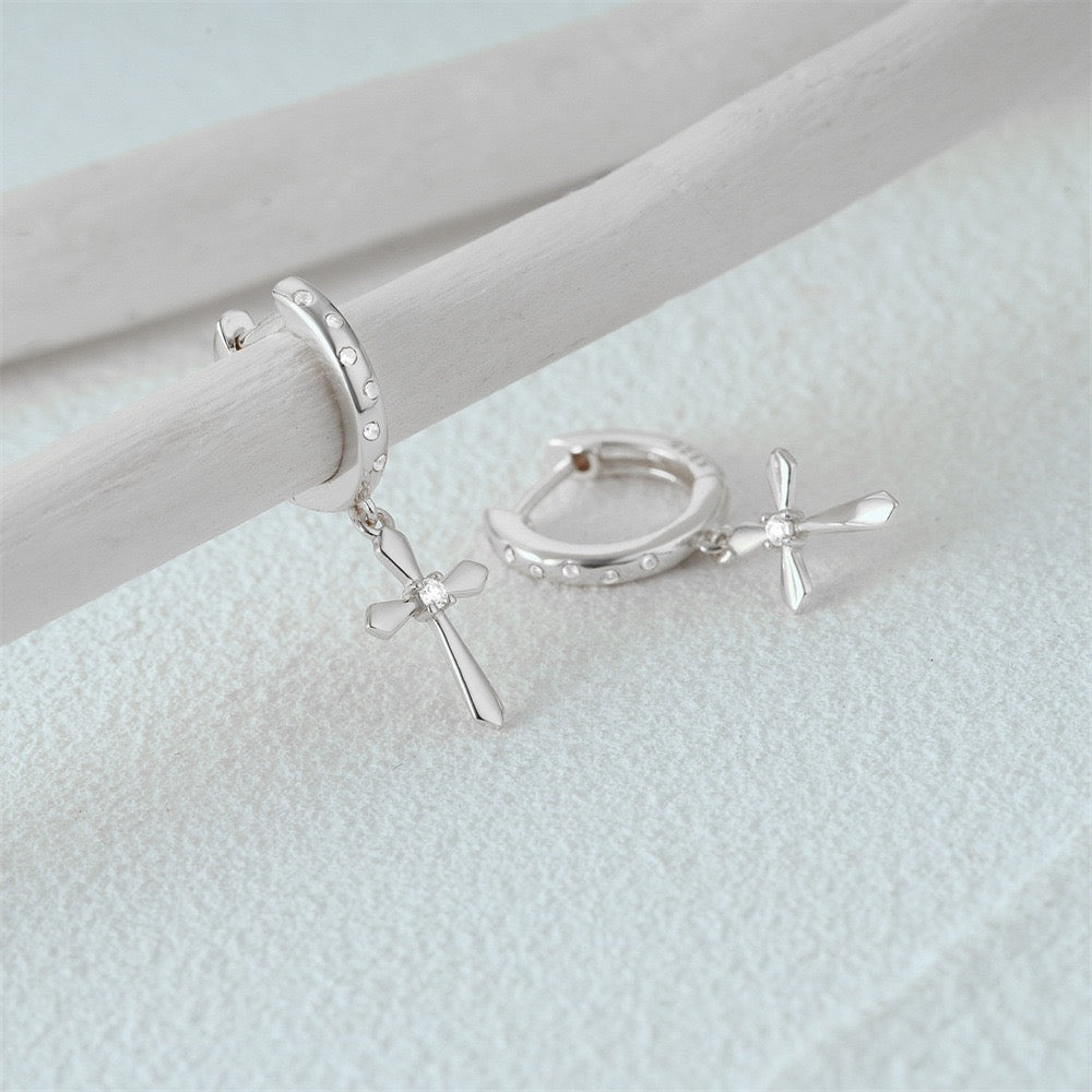 Sparkling Cross Charm Hoops