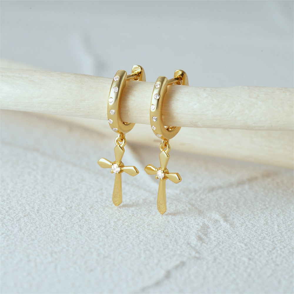 Sparkling Cross Charm Hoops