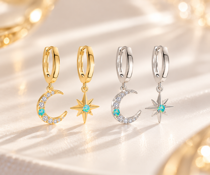 Opal Moon Star Hoop Earrings