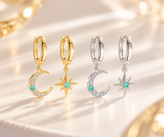 Opal Moon Star Hoop Earrings