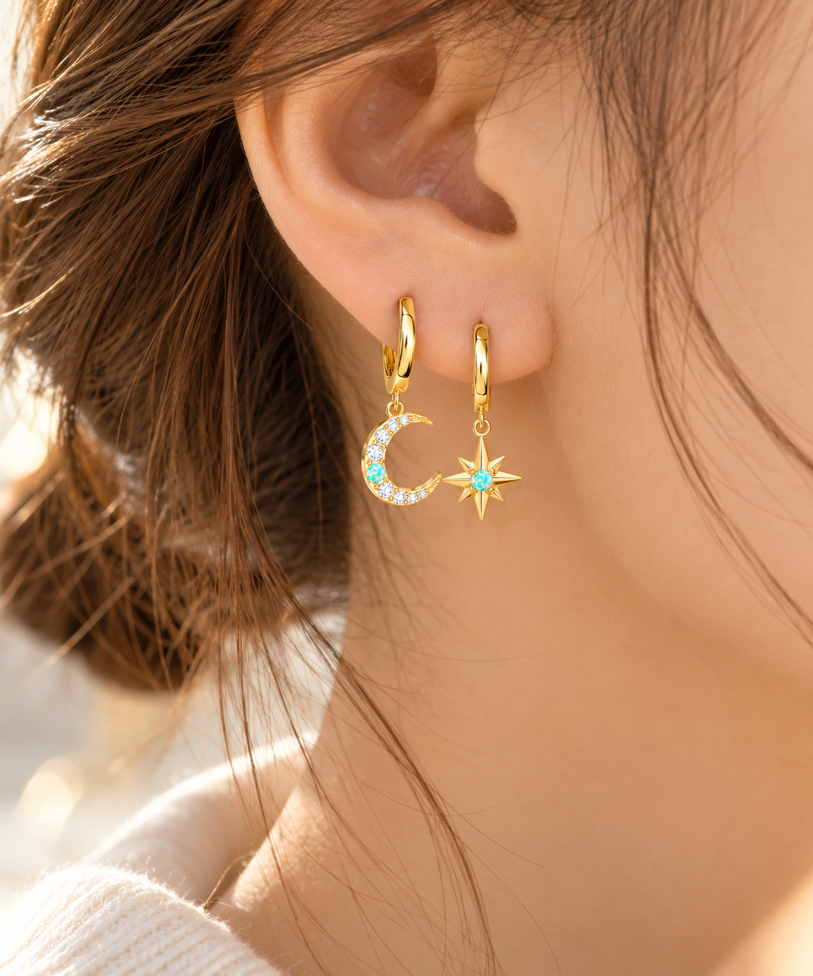 Opal Moon Star Hoop Earrings